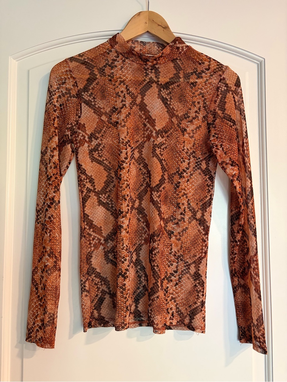 Free Kisses Sheer Snake Print Long Sleeve Mock Neck Y2K Mesh Top Rust Large